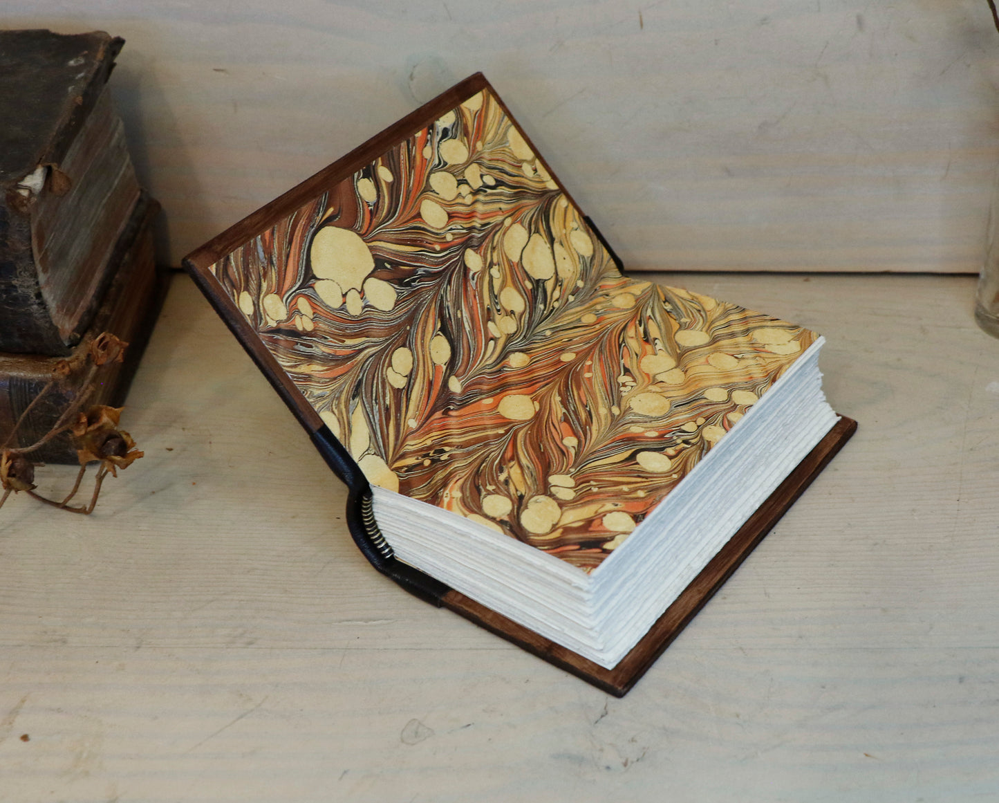 Small Vintage Leather Journal, Worn brown leather with Gold tooled decoration, Always Remember