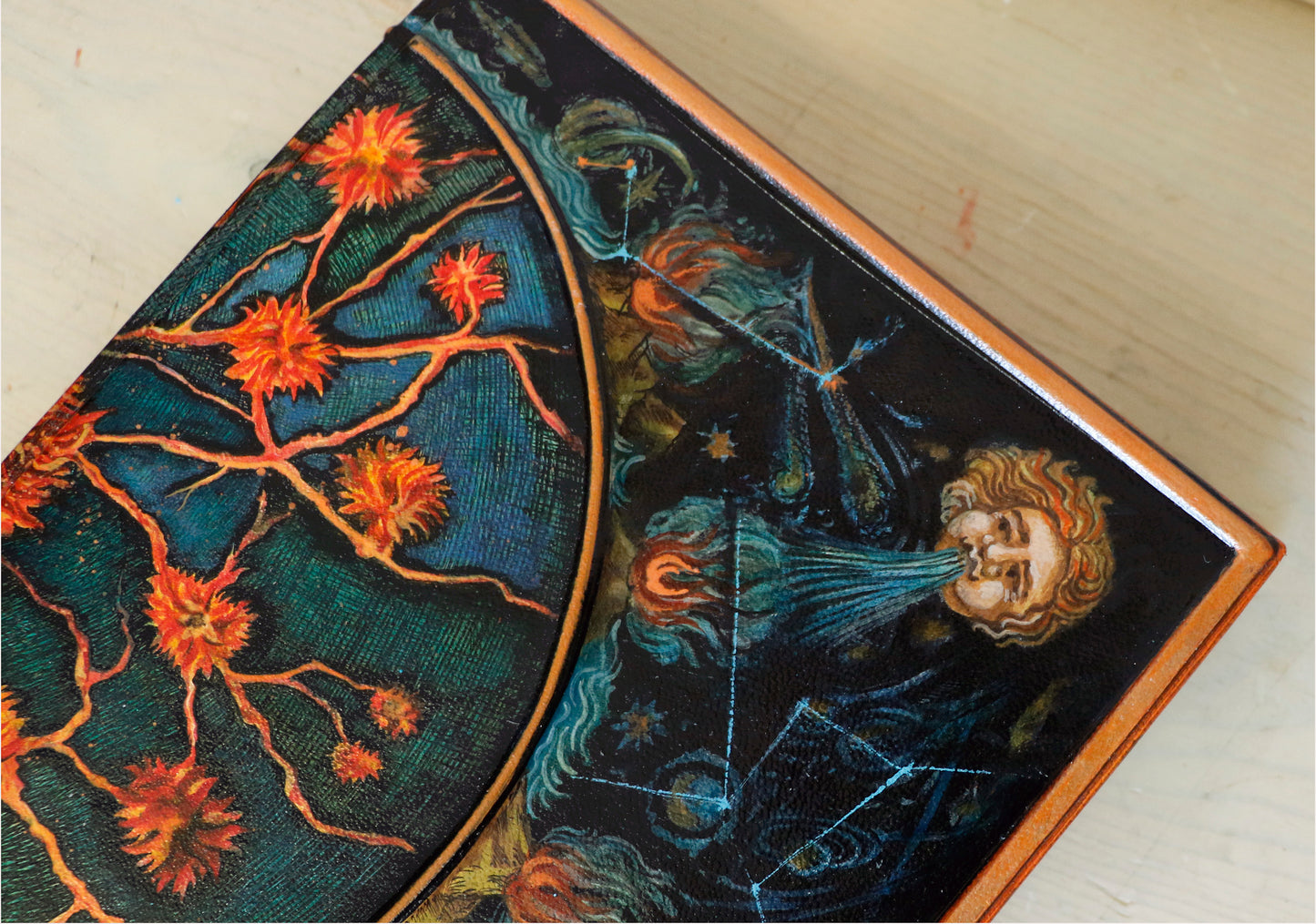 Hand-painted Leather Journal, One of a Kind blank book - Mundus Subterraneus, Internal Fires