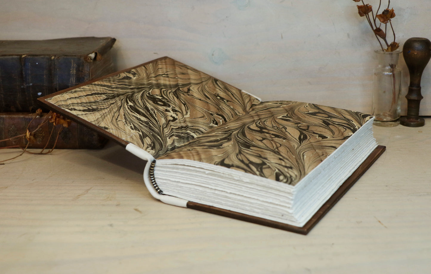 Vintage leather journal, Brown and white leather with Gold tooled decoration. The Book of Light