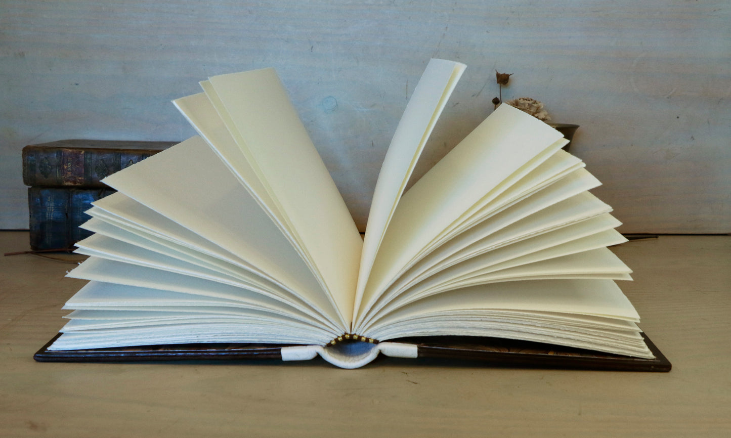 Brown Red Leather Journal with Tooled Decoration, White leather spine - Sienna Sunset
