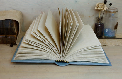 Antiqued baby blue leather journal with gold tooled decoration. Celestial Whisper