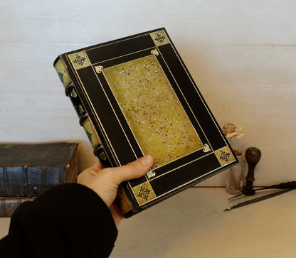 Black leather journal with tooled and hand painted decoration. Artist paper. Verdigris Dreams