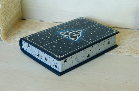 Dark blue leather journal with Silver tooled decoration and Painted edges - Magic Triquetra