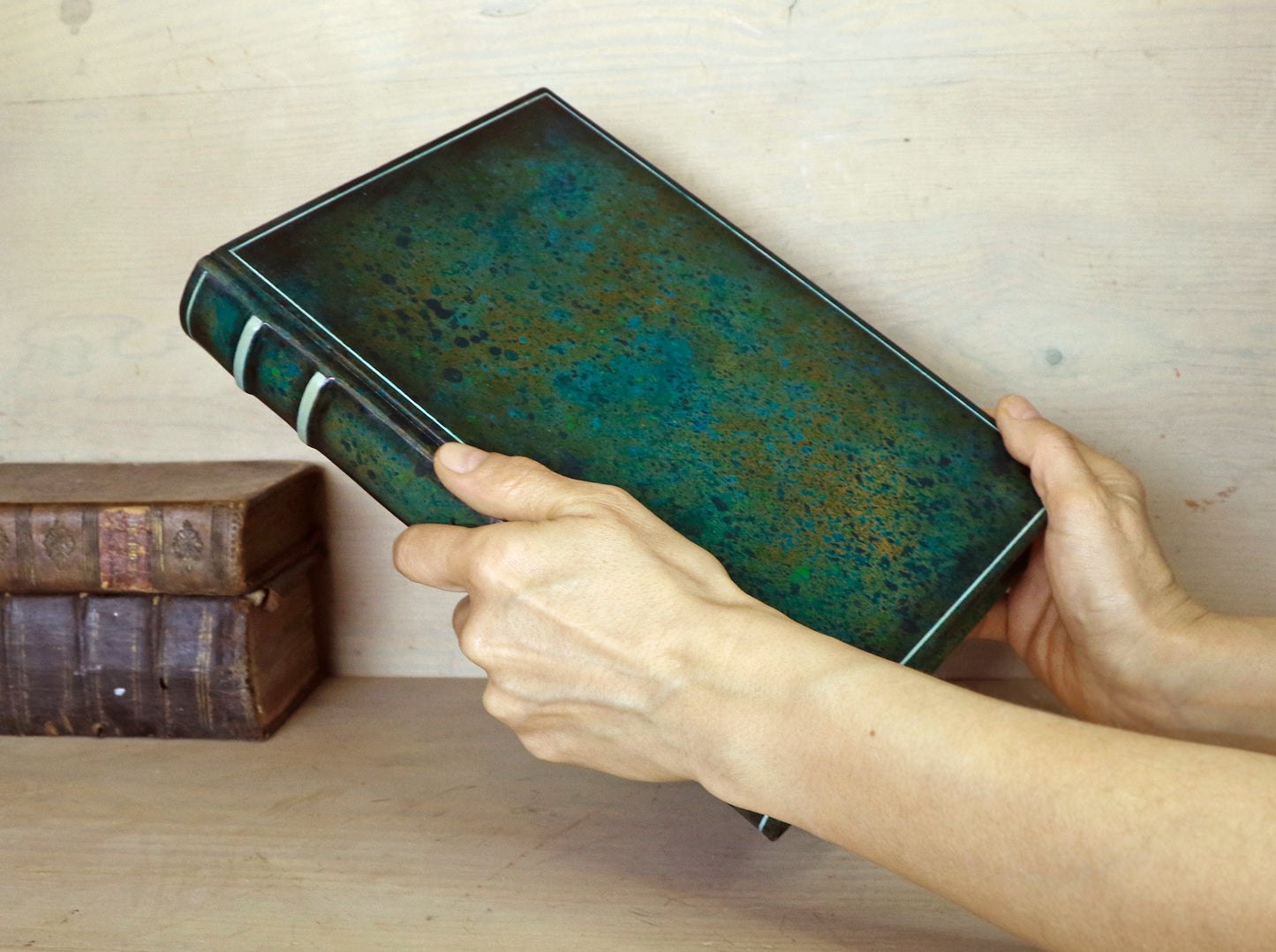One of a kind green leather journal with handpainted decoration - A Garden in Bloom