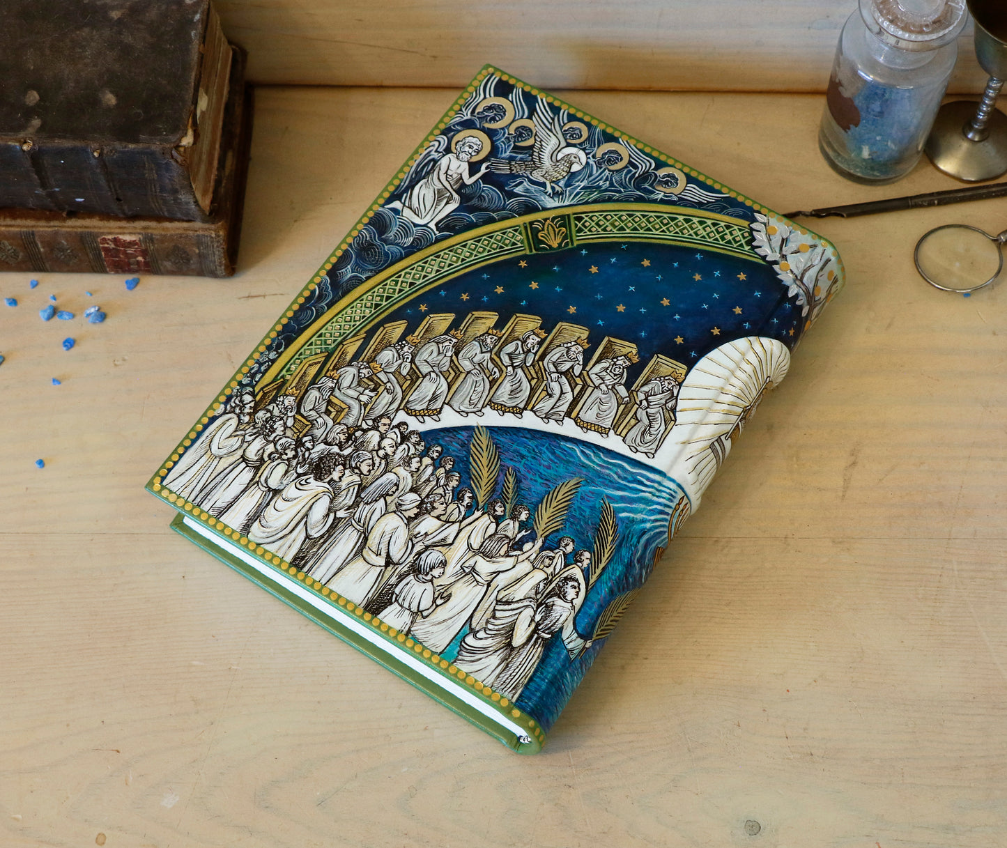 Hand painted blank book, White Leather Journal, Revelation 7, The Heart of the Spiritual Heaven