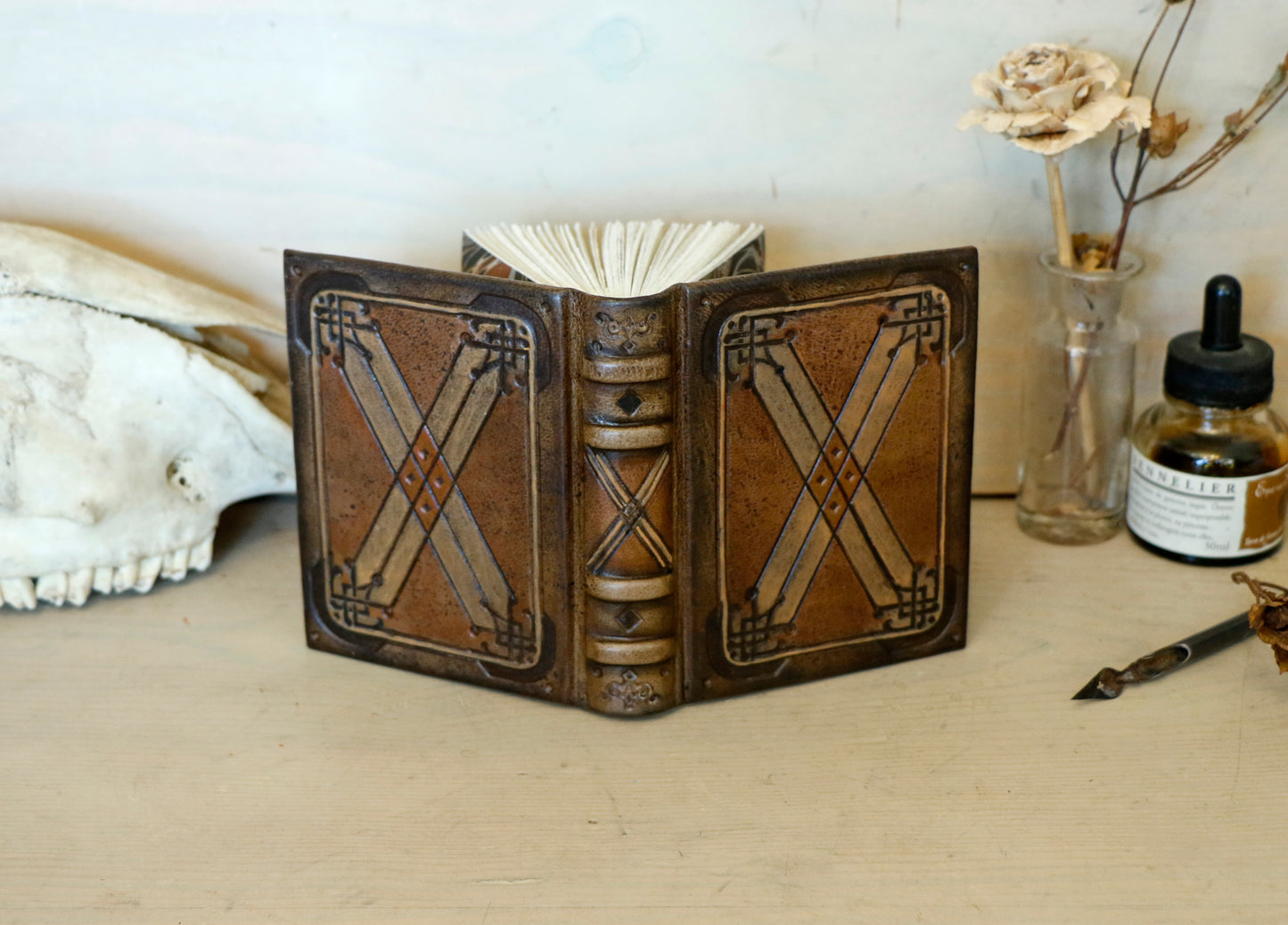 Natural leather journal, Tooled decoration - Orange Sunset