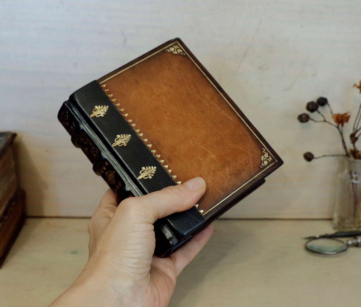 Vintage leather journal, Tooled decoration - Mystic Sunset