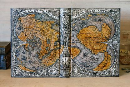 Handpainted leather journal, "Universi Orbis Descriptio", Double Heart Shaped Map Projection, One of a Kind