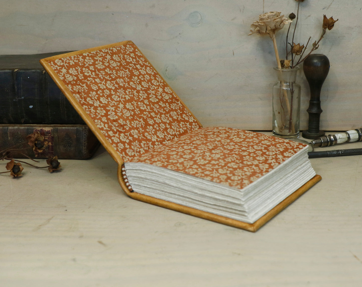 Brown leather journal with hand tooled and painted decoration - Morning Thoughts