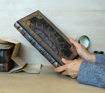 Antique Grey Leather Journal with gold decoration. Alchemic Journey. One of a Kind.