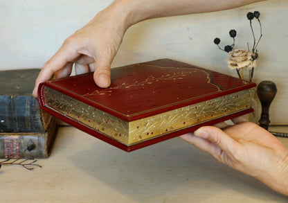 Red Leather Journal with Gilded Edges, Gold, Hand Tooled Decoration - The Temple of Love