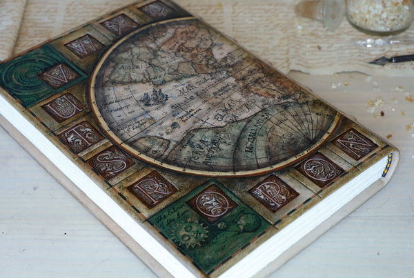 Handpainted leather journal, Artist paper, "The traveler". One of a Kind