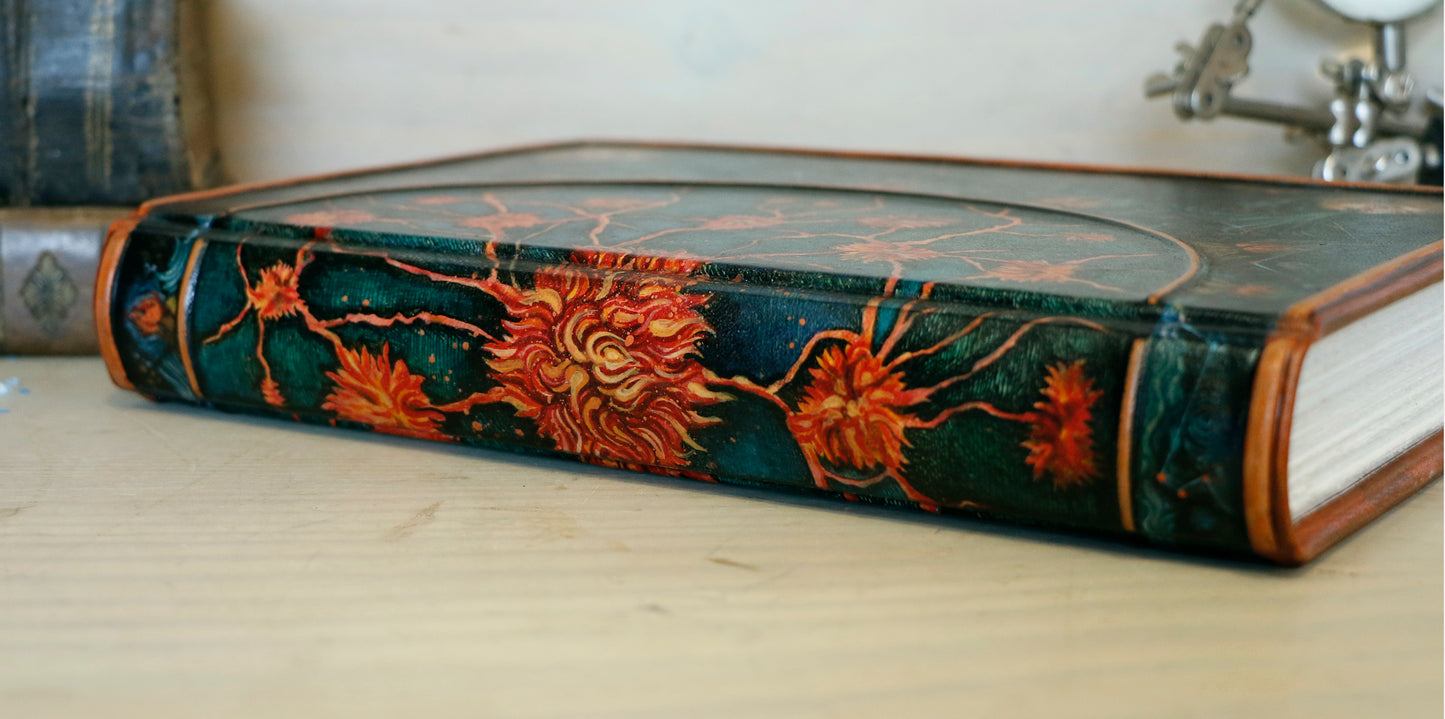 Hand-painted Leather Journal, One of a Kind blank book - Mundus Subterraneus, Internal Fires