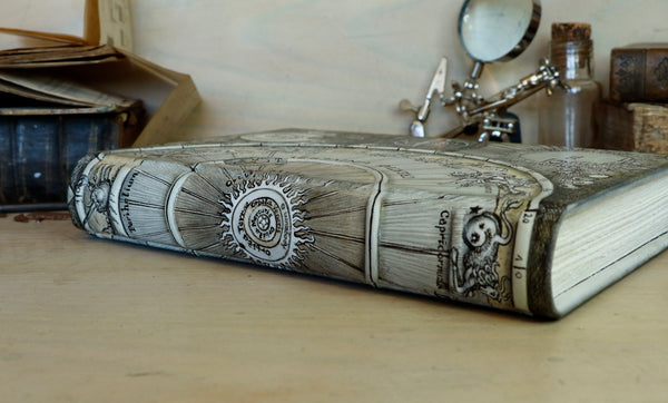 Handpainted Leather Journal, One of a Kind blank book on astrology with Copper Engraved Bookmark - Creatio Universi / The Creation of the Universe
