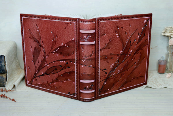 Red Leather Journal with floral decoration. Garden of Life