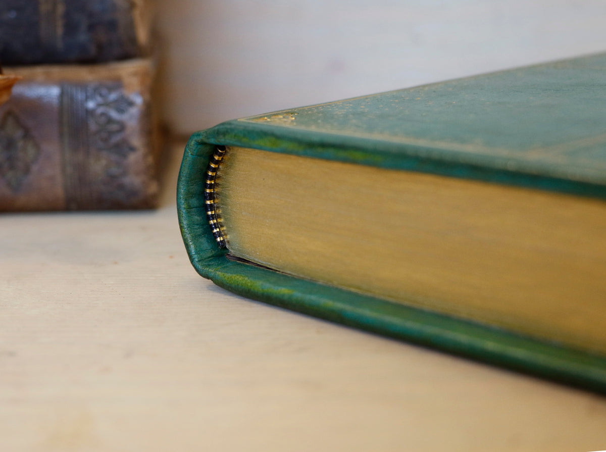 Green Leather Journal with gold tooled decoration and Gilded Edges. The Gilded Garden