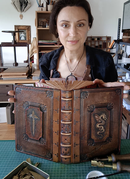 Large vintage leather journal, Tooled decoration with Dragon and Sword. Tea stained pages. "The Force within You"