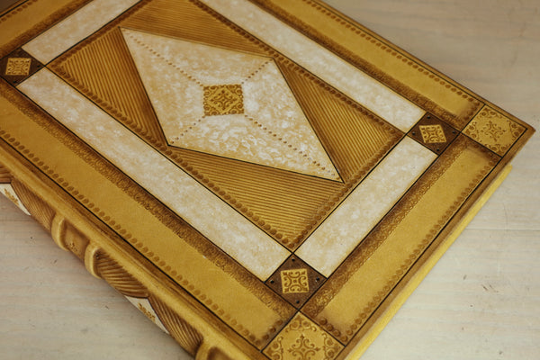 Antiqued yellow leather journal with tooled decoration. Romantic Sunset II
