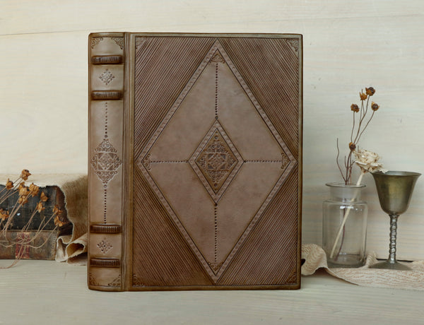 Brown leather journal with blind tooled decoration, Monochrome Textures