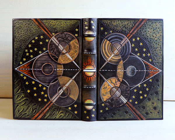 Handpainted Leather Binding, handmade journal, Astronomy themed, Outer Space