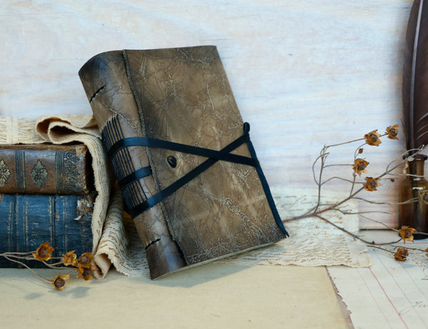 Brown Grey Leather Journal, Antiqued leather with cracks - Words of wisdom