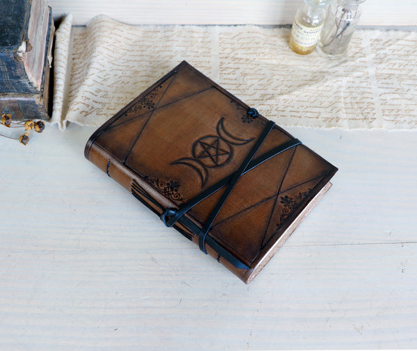Triple Goddess leather journal, antiqued brown