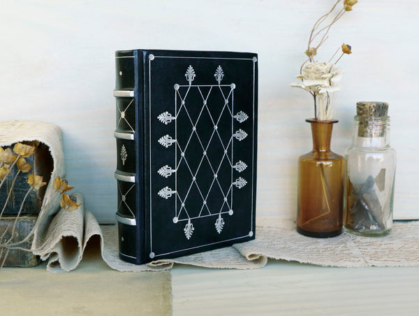 Leather Journal / Blank Book - Black leather with silver tooled decoration. Precious Memories