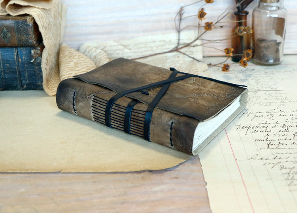 Brown Grey Leather Journal, Antiqued leather with cracks - Words of wisdom