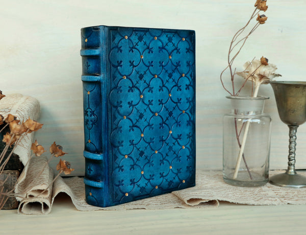 Blue Leather Journal with Tooled Decoration. Interlaced Structures