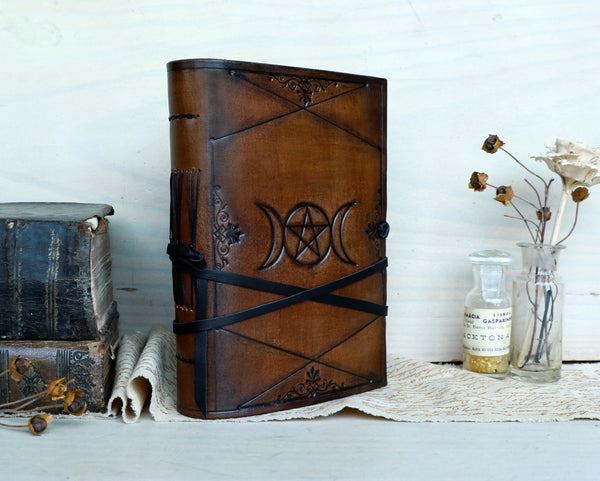 Triple Goddess leather journal, antiqued brown