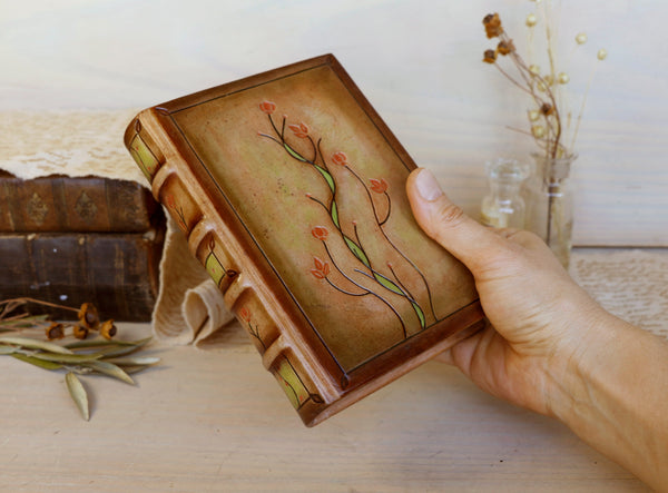 Leather journal with painted edges. Tooled and hand painted floral decoration. "Spring Swirls"