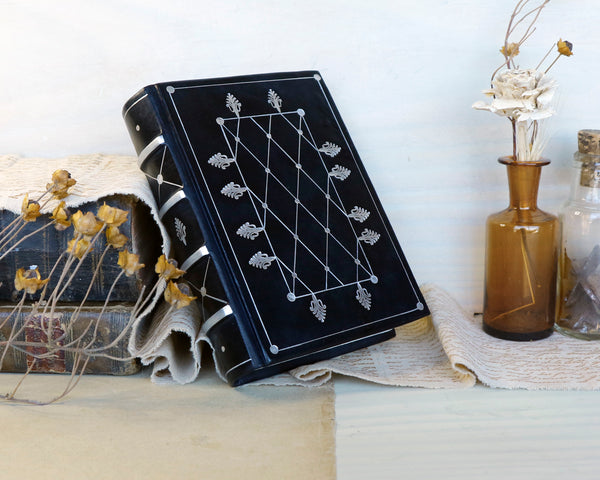 Leather Journal / Blank Book - Black leather with silver tooled decoration. Precious Memories