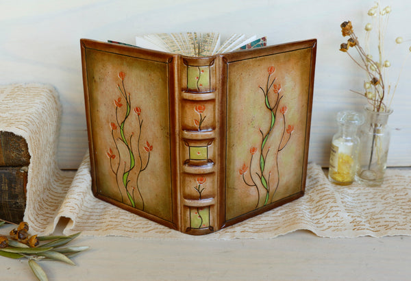 Leather journal with painted edges. Tooled and hand painted floral decoration. "Spring Swirls"