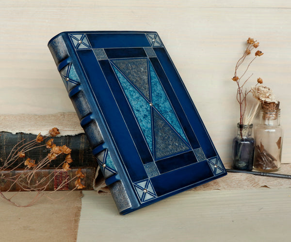 Blue leather journal with silver decoration, one of a kind. "Silver Lace"