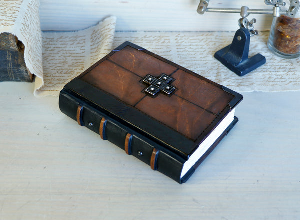 Vintage Leather Journal, Worn brown leather, Silver Cross