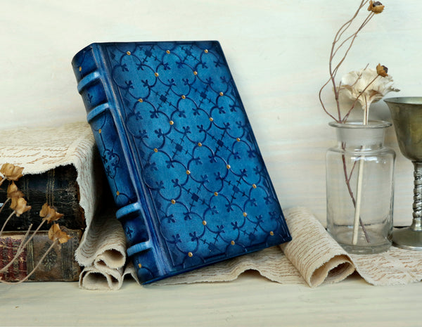 Blue Leather Journal with Tooled Decoration. Interlaced Structures