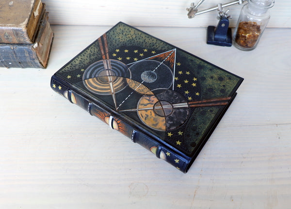 Handpainted Leather Binding, handmade journal, Astronomy themed, Outer Space