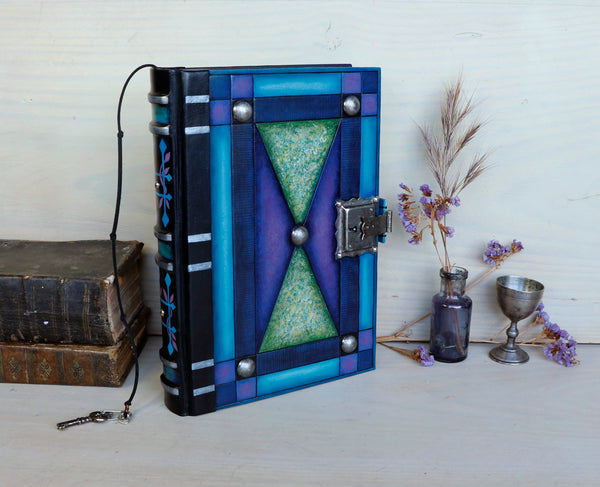 "Lavander Dreams" - Leather Journal with Lock and Key, Blue Green and Purple Leather