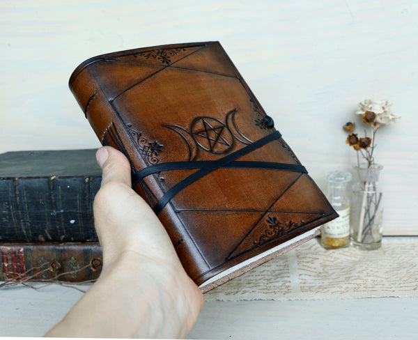 Triple Goddess leather journal, antiqued brown