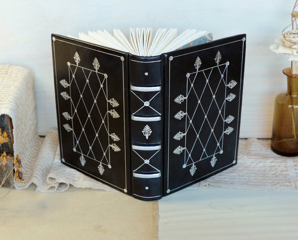 Leather Journal / Blank Book - Black leather with silver tooled decoration. Precious Memories
