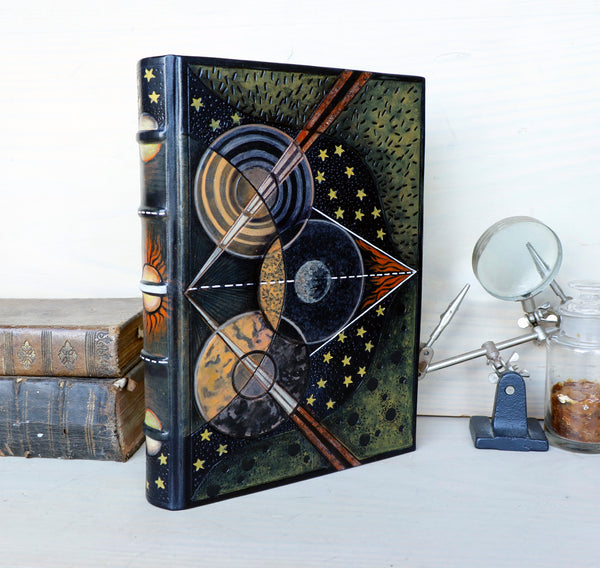 Handpainted Leather Binding, handmade journal, Astronomy themed, Outer Space