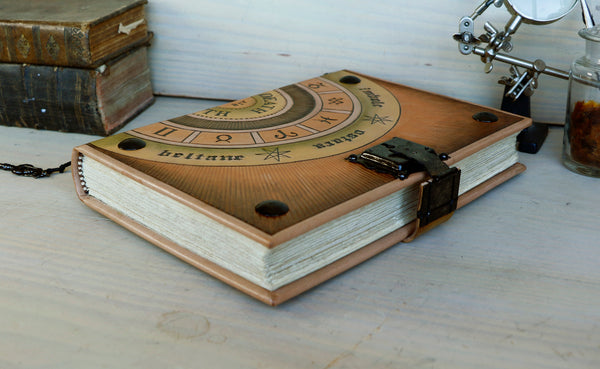 Leather Journal / Magic Book with Lock and Key - Wheel of the Year