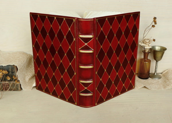 Leather Journal / Blank Book, Bright Red Leather, Gold Tooled Decoration