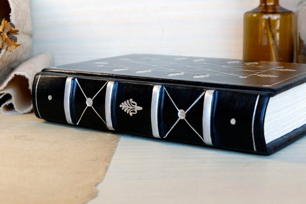 Leather Journal / Blank Book - Black leather with silver tooled decoration. Precious Memories