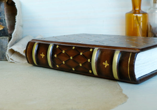 Antiqued Brown Leather Journal with Gold Tooled Decoration. Beloved Memories