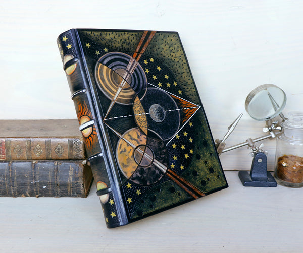 Handpainted Leather Binding, handmade journal, Astronomy themed, Outer Space