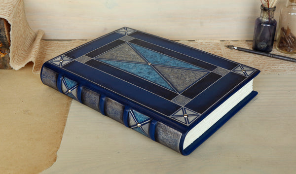 Blue leather journal with silver decoration, one of a kind. "Silver Lace"