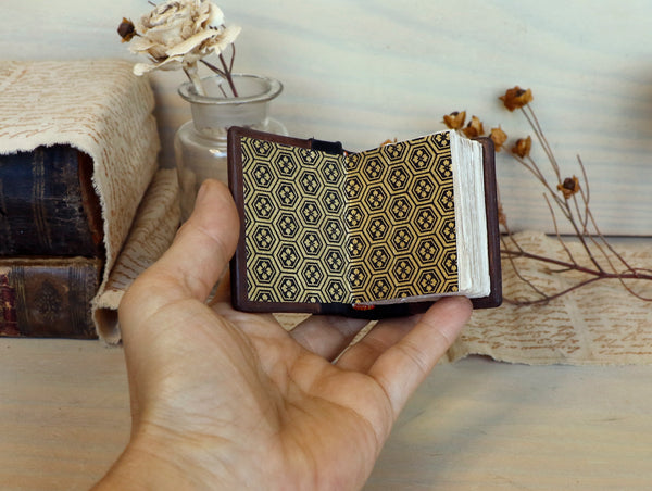 Antiqued Miniature Book / Vintage Leather Journal with gold tooled decoration