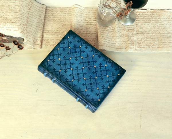 Blue Leather Journal with Tooled Decoration. Interlaced Structures