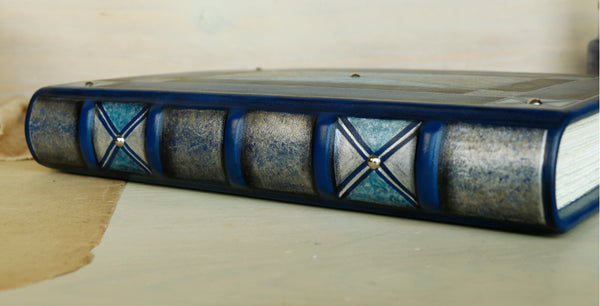 Blue leather journal with silver decoration, one of a kind. "Silver Lace"
